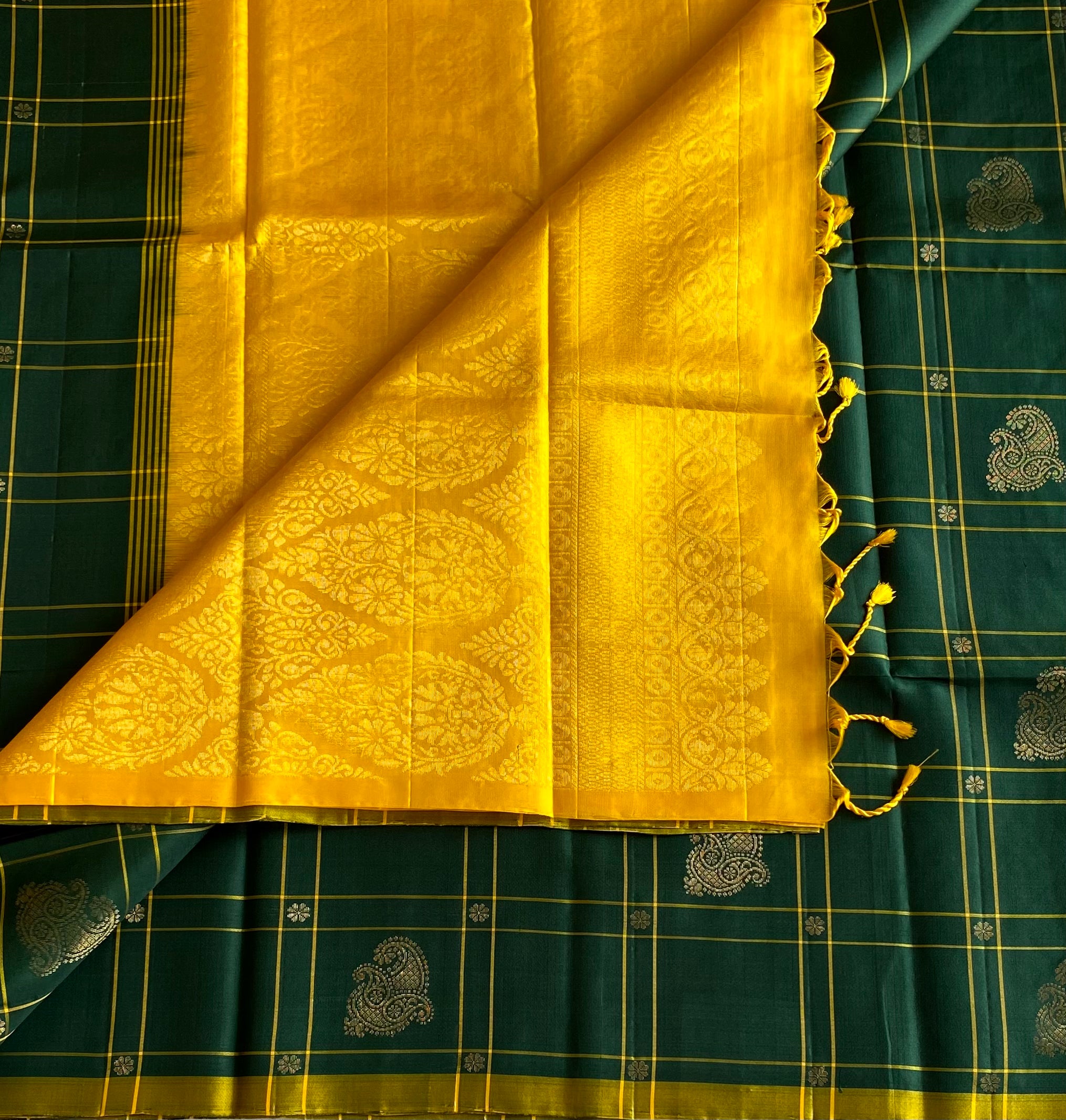 Golden Yellow Silk Saree with Forest Green Paisley Checked Border