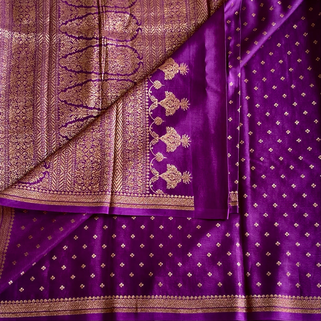 Royal Purple And Antique Gold Banarasi Crepe Silk Saree With Woven Pallu