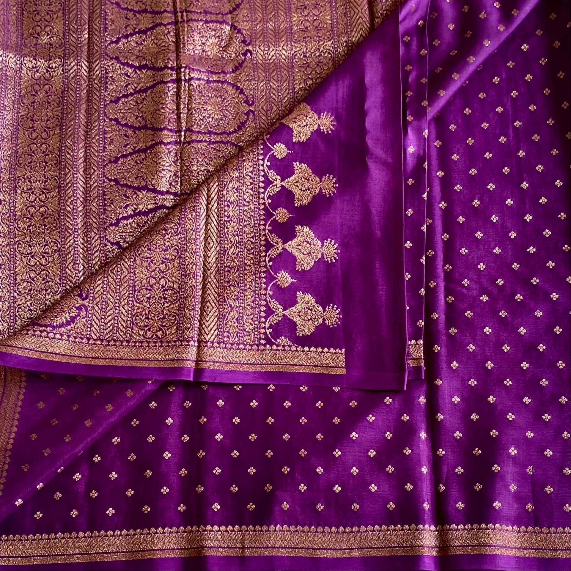 Royal Purple And Antique Gold Banarasi Crepe Silk Saree With Woven Pallu