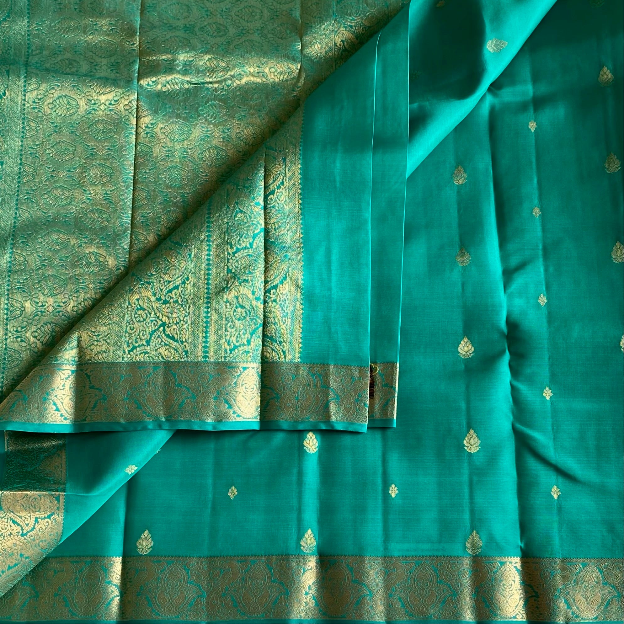Metallic Sea Green Designer Pure Silk Saree With Gold Brocade Butta