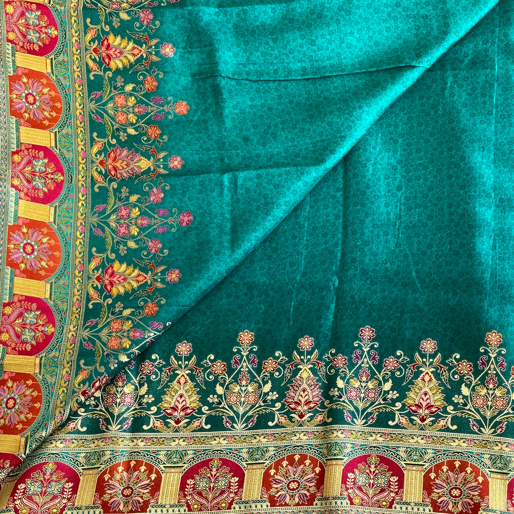Deep Teal Blue Soft Tussar Silk Saree With Magenta Pallu And Gold Borders