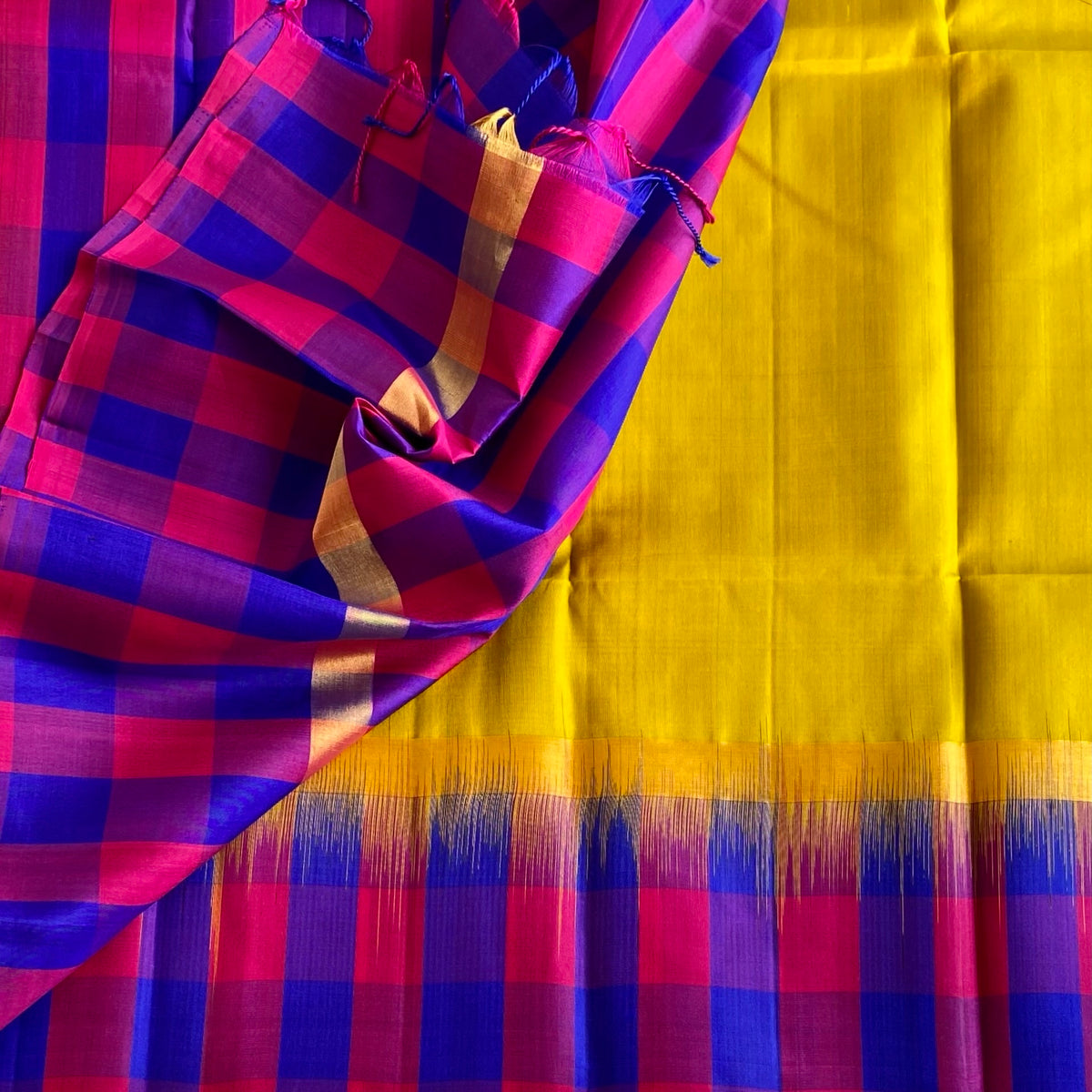 Golden Lime Pure Handwoven SilkWith Multi Checkered Borders & Pallu