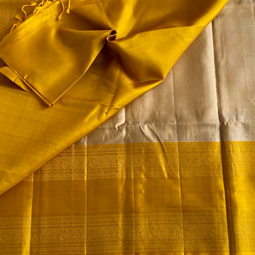 Champagne Beige Designer Pure Silk With Mustard Yellow Zari Work