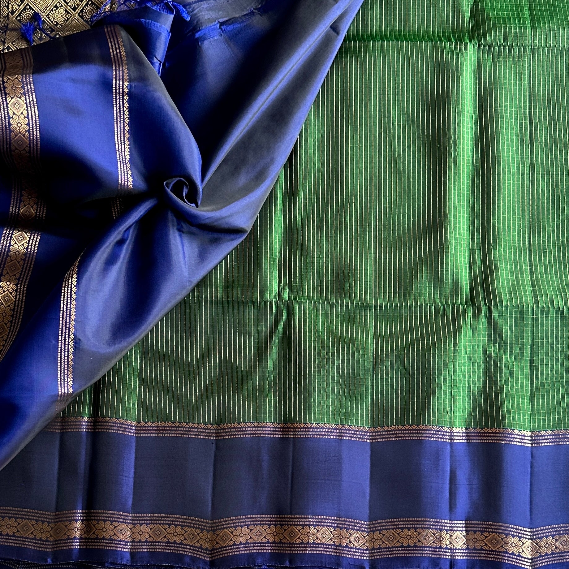 Royal Blue And Emerald Green Saree With Gold Diamond Zari