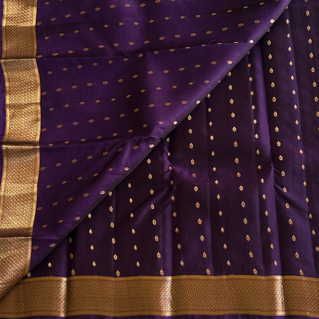 Royal Purple Silk Saree with Rose Gold Zari Buti Border