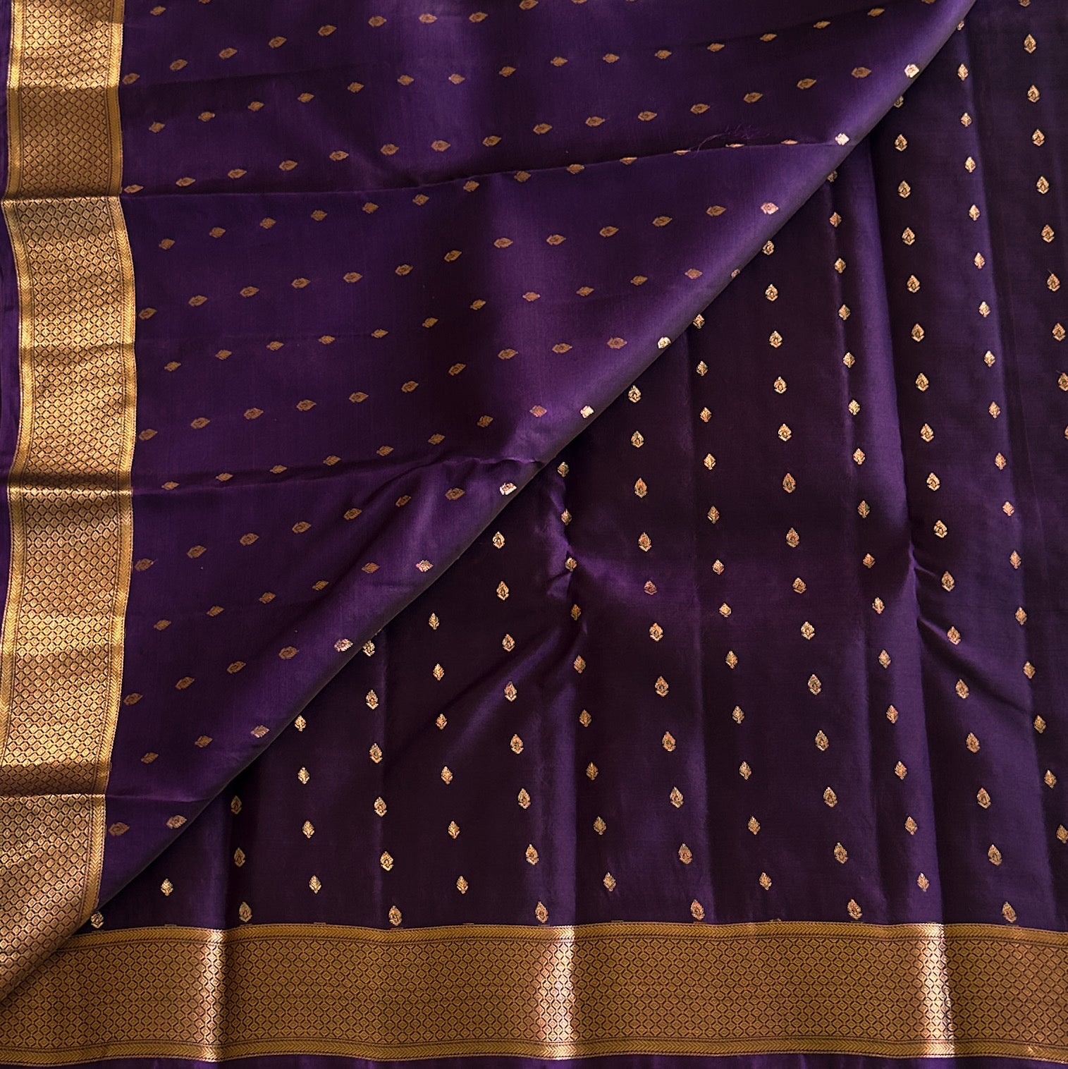 Royal Purple Silk Saree with Rose Gold Zari Buti Border
