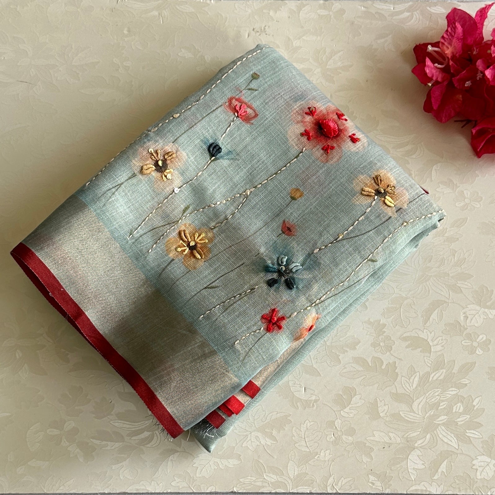 Dreamy Aqua Soft Linen Saree With Coral Pink Embroidery
