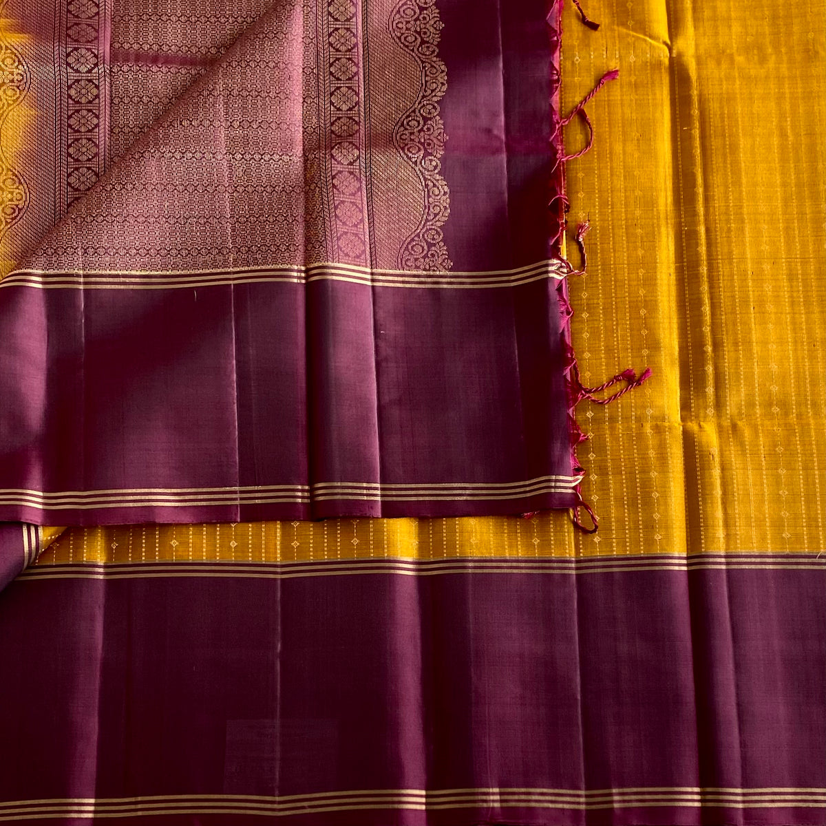 Mustard Gold Designer Pure Silk Saree With Deep Wine Maroon Pallu