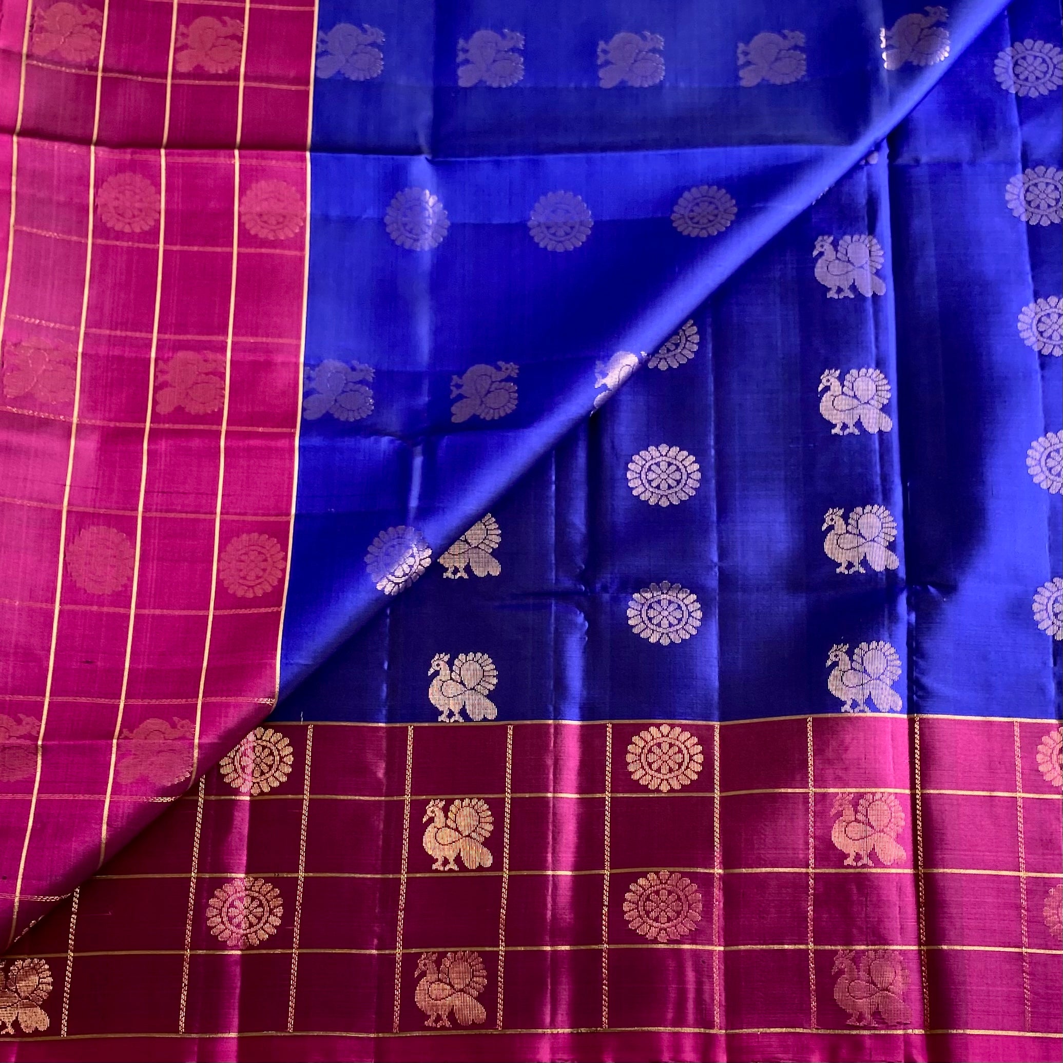Royal Blue Designer Pure Silk Saree With Jewel Magenta Checkered Borders