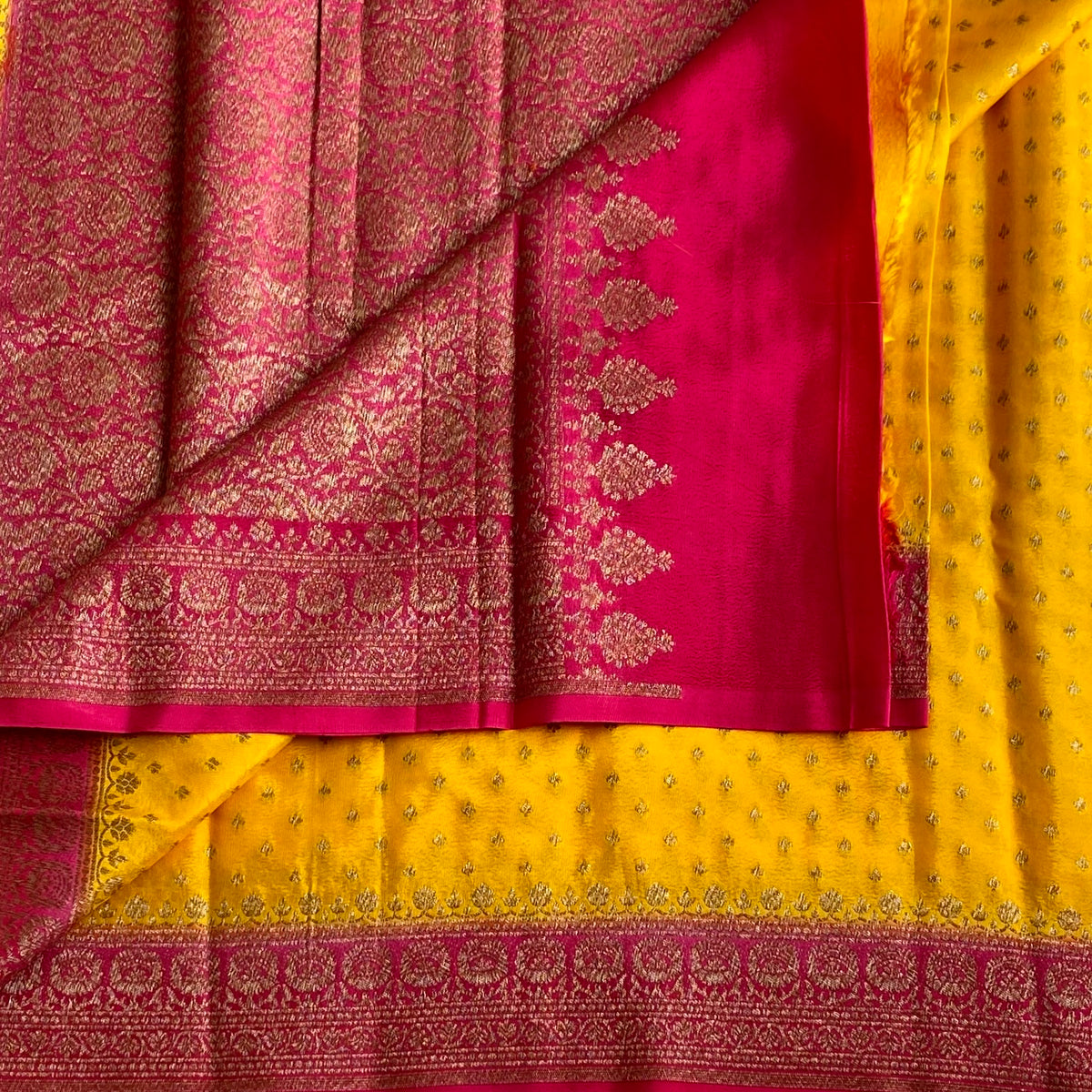 Banarasi Crepe Silk Sunflower Yellow & Rani Pink Saree
