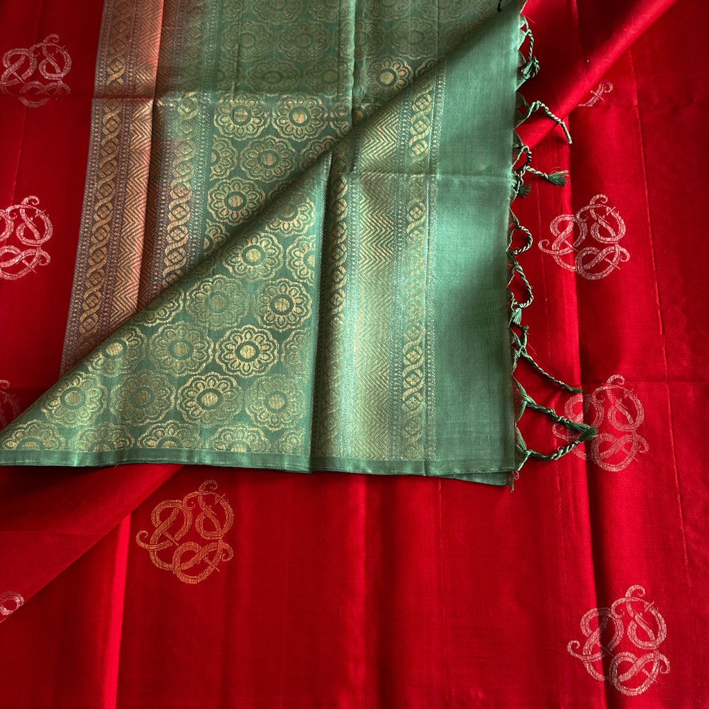 Scarlet Red Silk Saree Seafoam Green Pallu Gold Zari Work