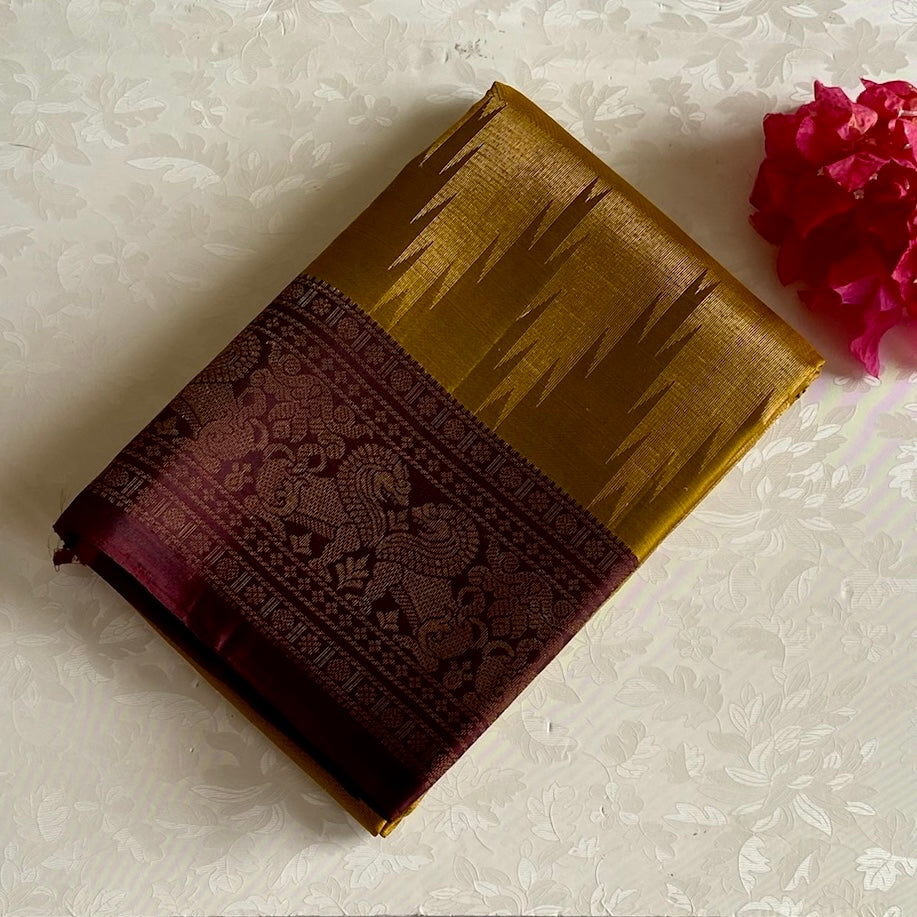Deep Mustard Designer Pure Silk Saree With Wine Brown Gold Pallu