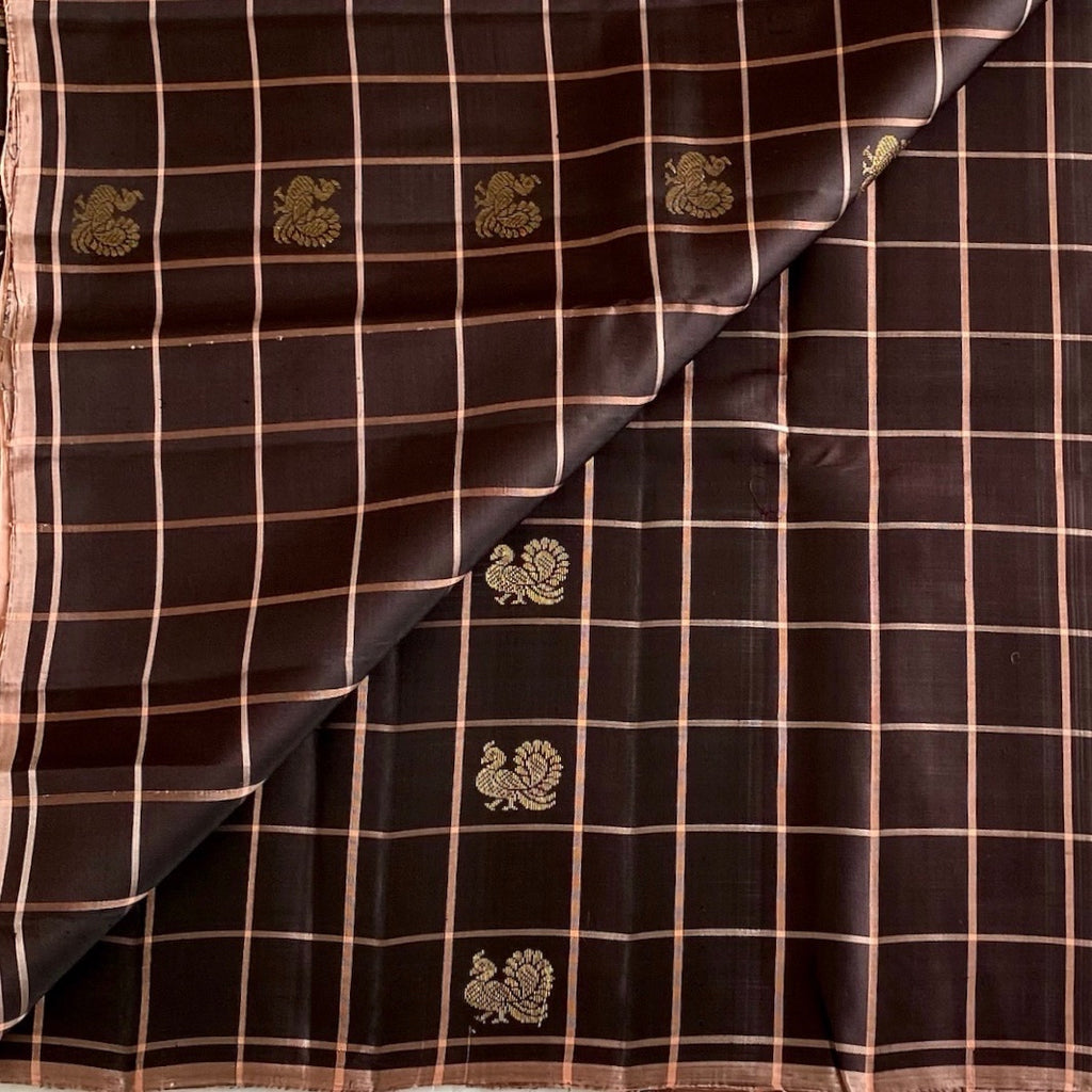 Espresso Brown Designer Pure Silk Saree With Peach Pink Pallu