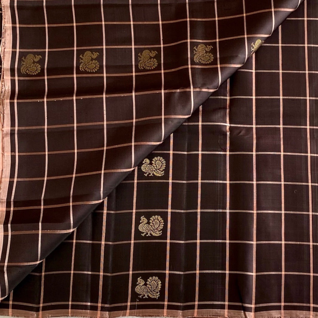 Espresso Brown Designer Pure Silk Saree With Peach Pink Pallu
