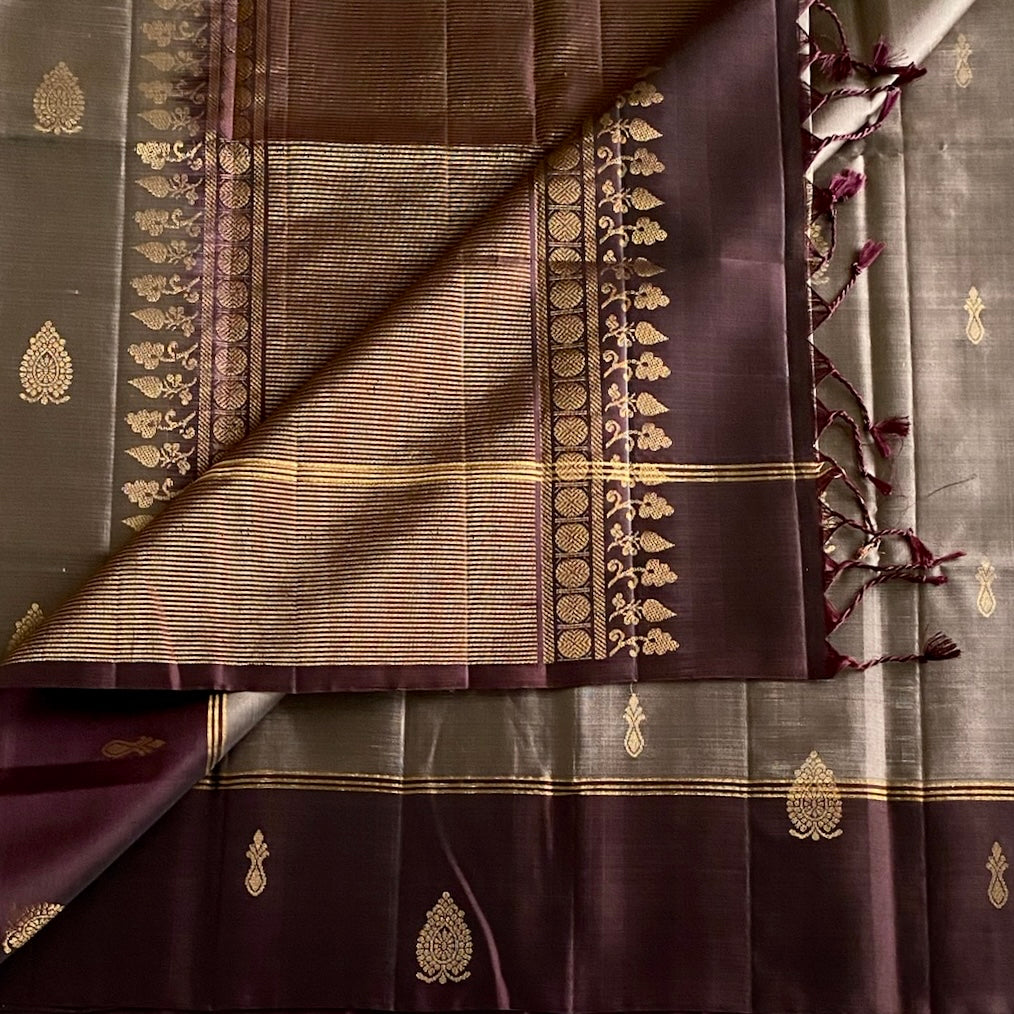 Metallic Grey with Aubergine Designer Pure Silk With Gold Zari