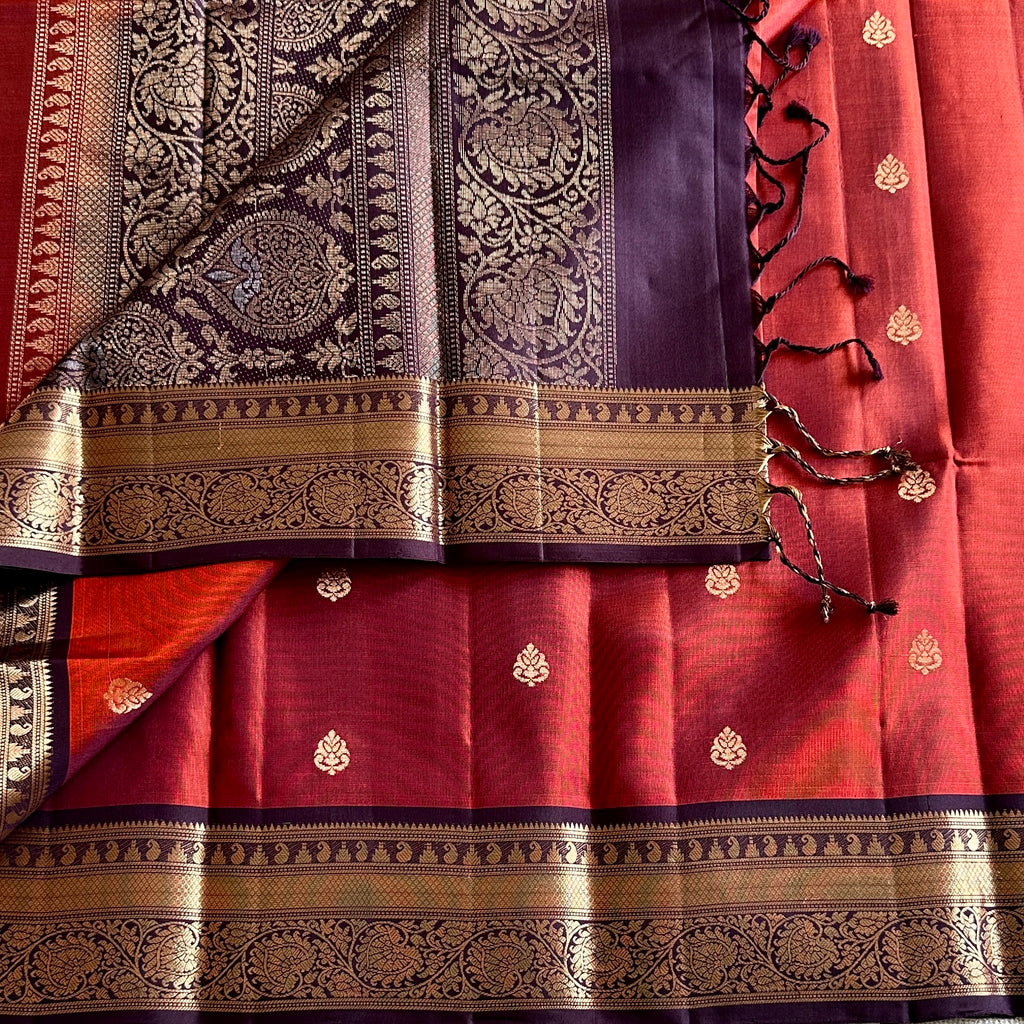 Vintage Rust with Plum Wine Designer Pure Silk with Brocade Borders