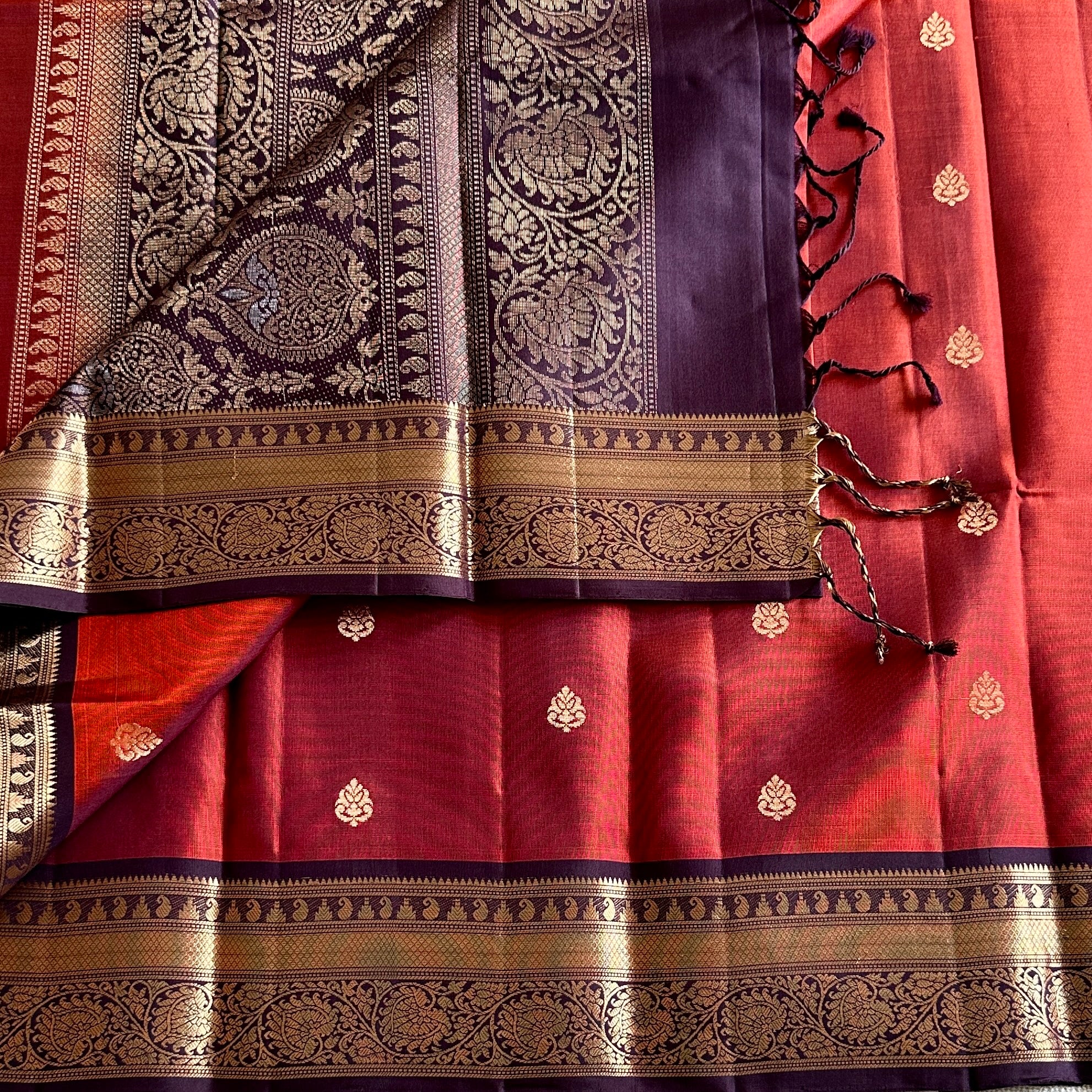 Vintage Rust with Plum Wine Designer Pure Silk with Brocade Borders