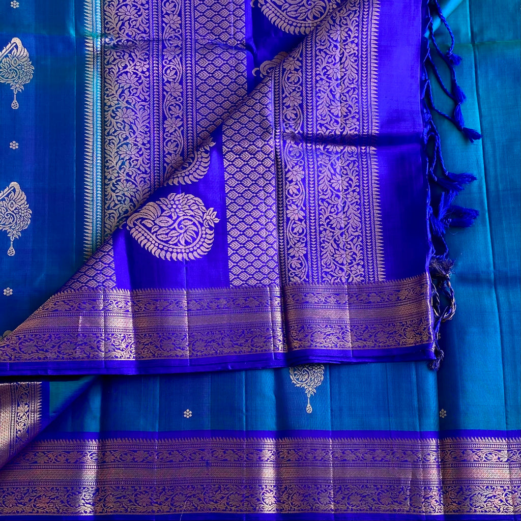 Rich Peacock Blue Designer Pure Silk Saree With Royal Blue Pallu