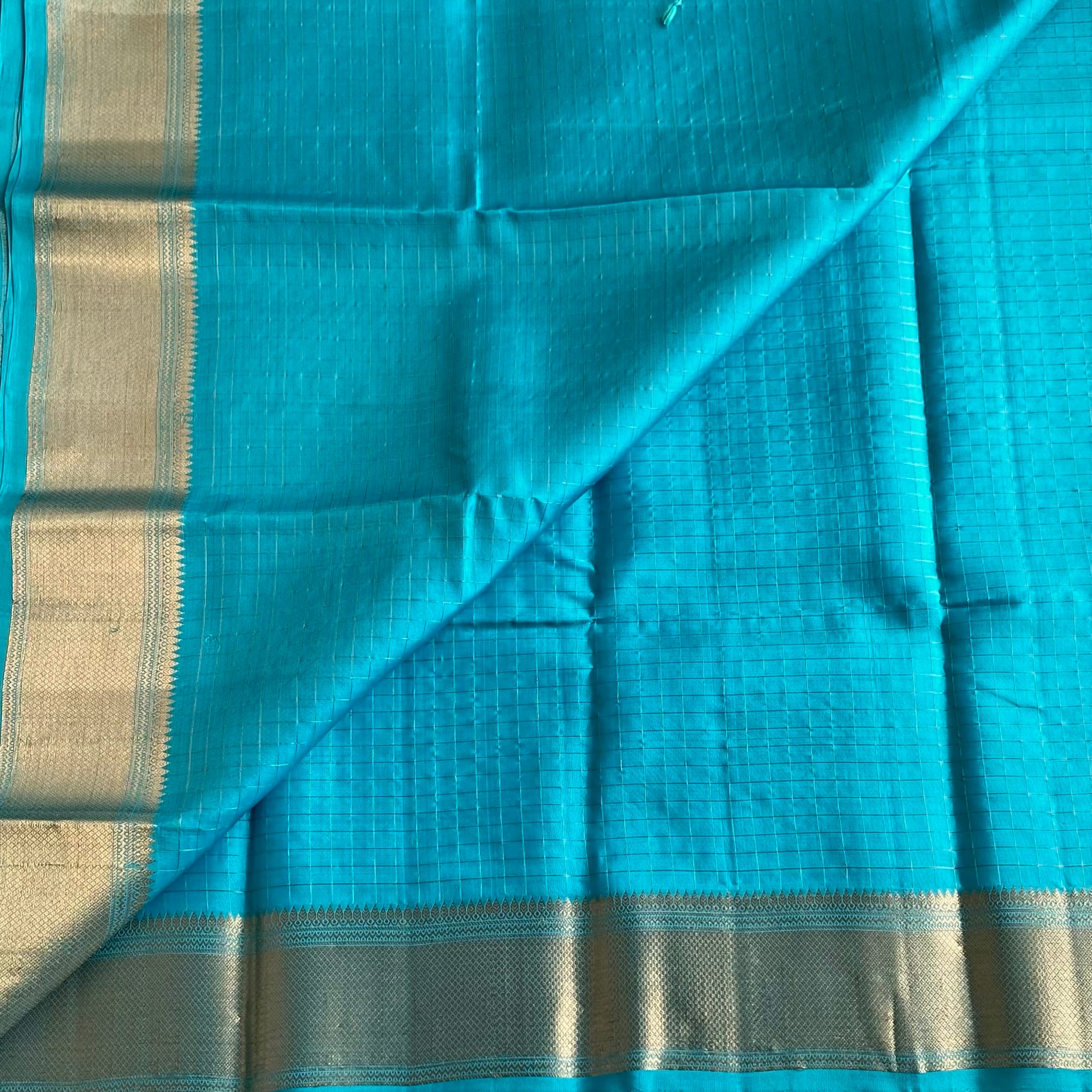 Aqua Turquoise Designer Pure Silk Saree With Antique Gold Border And Pallu