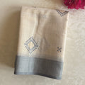 Pale Beige Saree Charcoal Border Diamond Motif Gold Embroidery Traditional