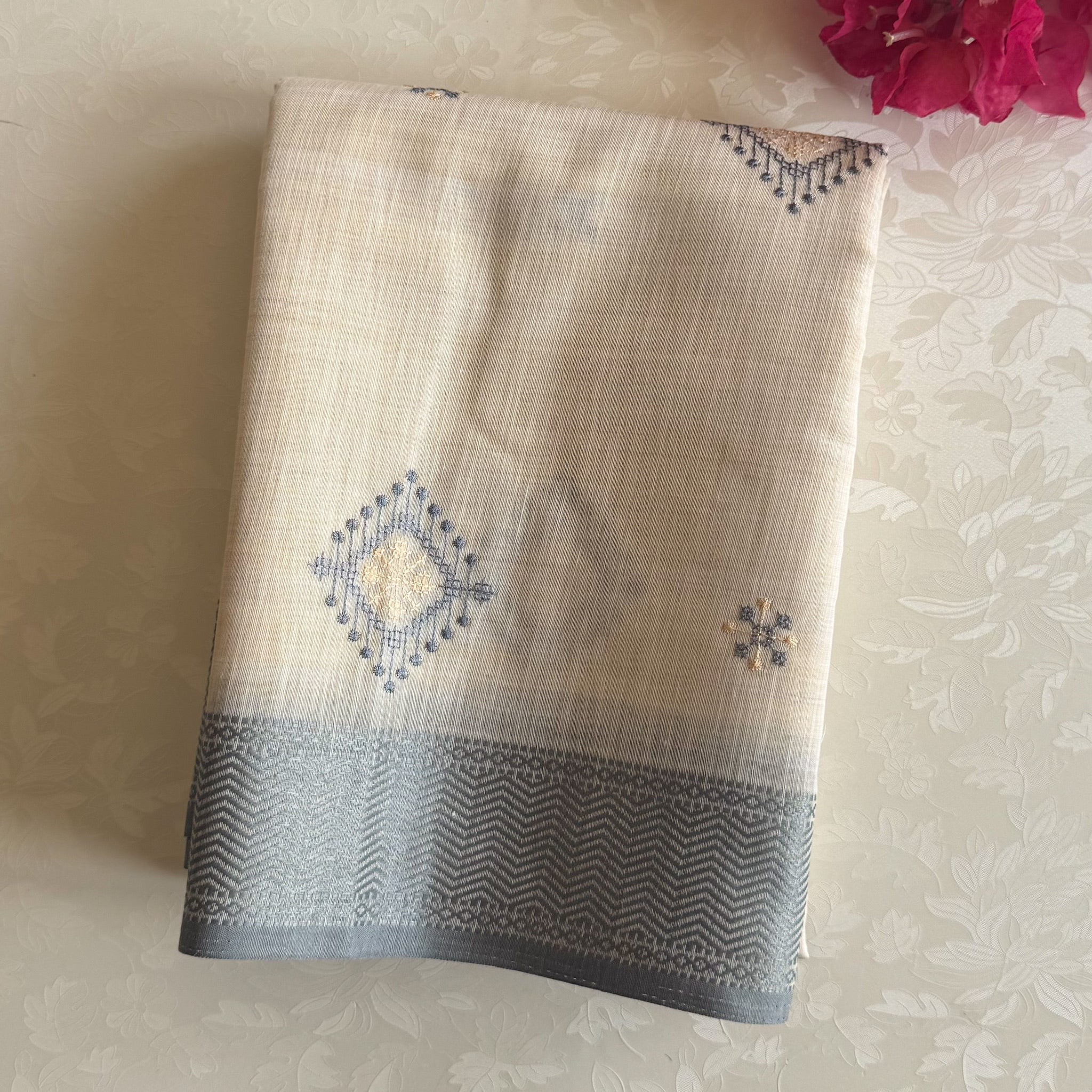 Pale Beige Saree Charcoal Border Diamond Motif Gold Embroidery Traditional