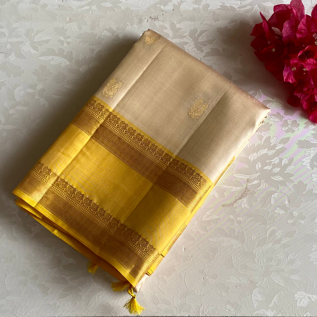 Beige with Golden Yellow Designer Pure Silk Saree with Retta Pett borders