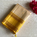 Beige with Golden Yellow Designer Pure Silk Saree with Retta Pett borders