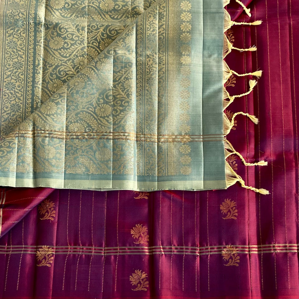Deep Magenta Designer Pure Silk Saree With Sage Green Pallu