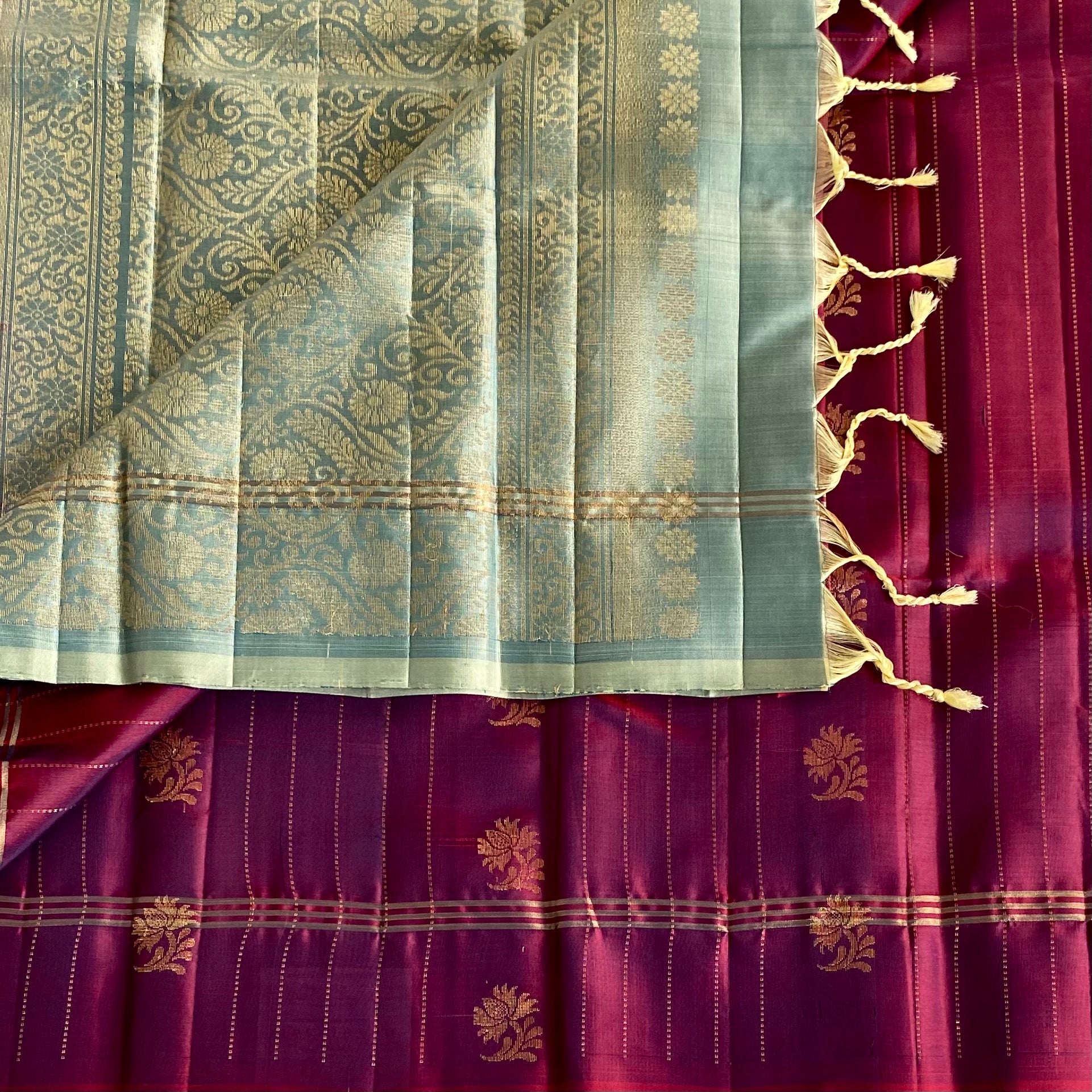 Deep Magenta Designer Pure Silk Saree With Sage Green Pallu