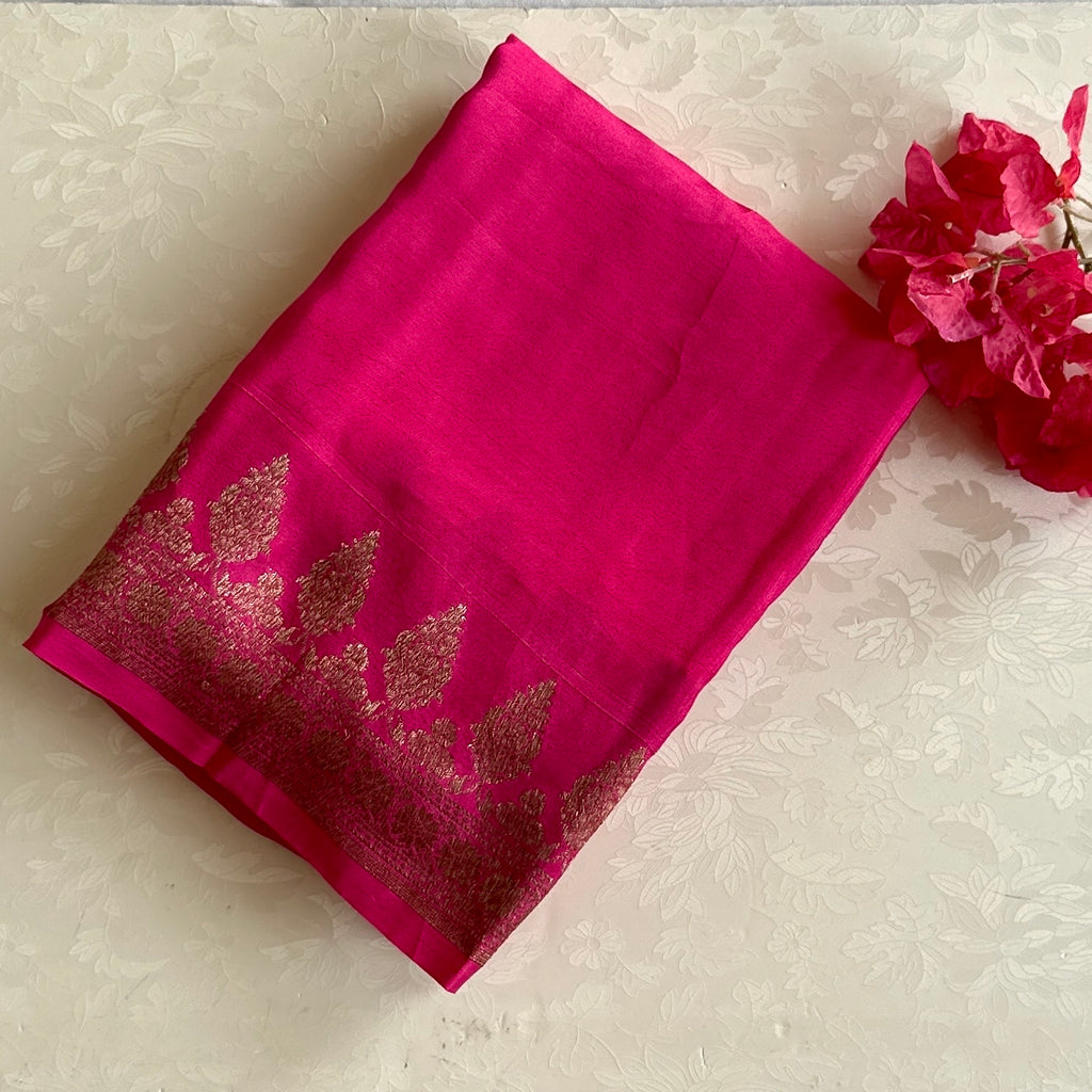 Fuchsia Silk Saree Gold Brocade Floral Pallu Paisley Border