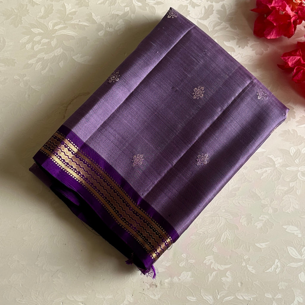 Lavender Designer Pure Silk Saree With Royal Purple Pallu And Gold Zari