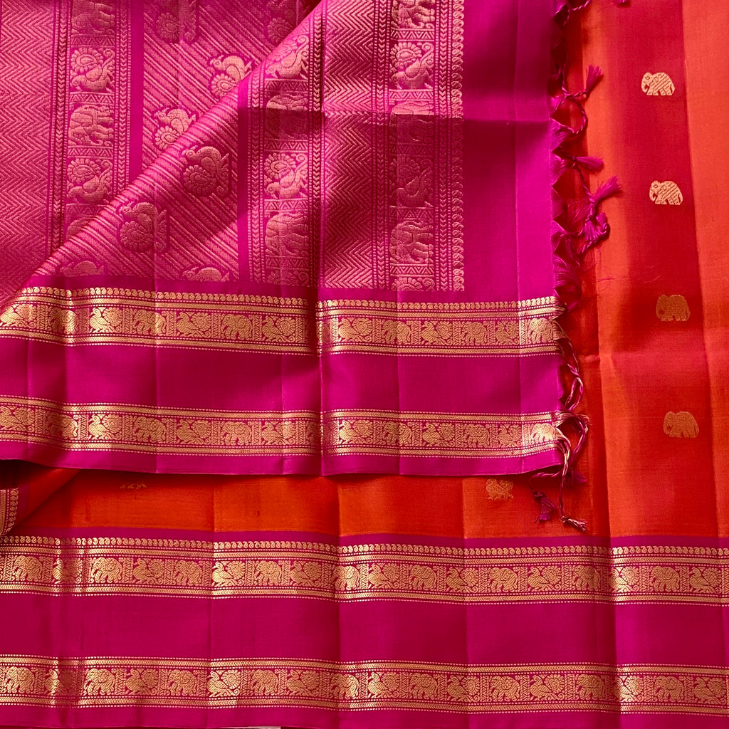 Tangerine Orange Designer Pure Silk With Retta Pett Borders Rani Pink Pallu