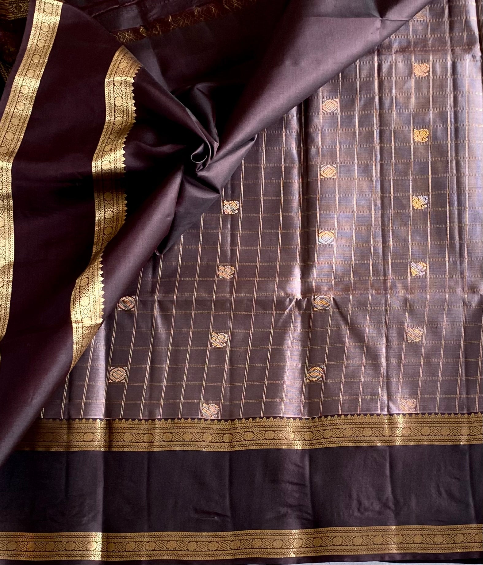 Antique Gold Brocade Saree with Deep Brown Zari Border Slate Pallu