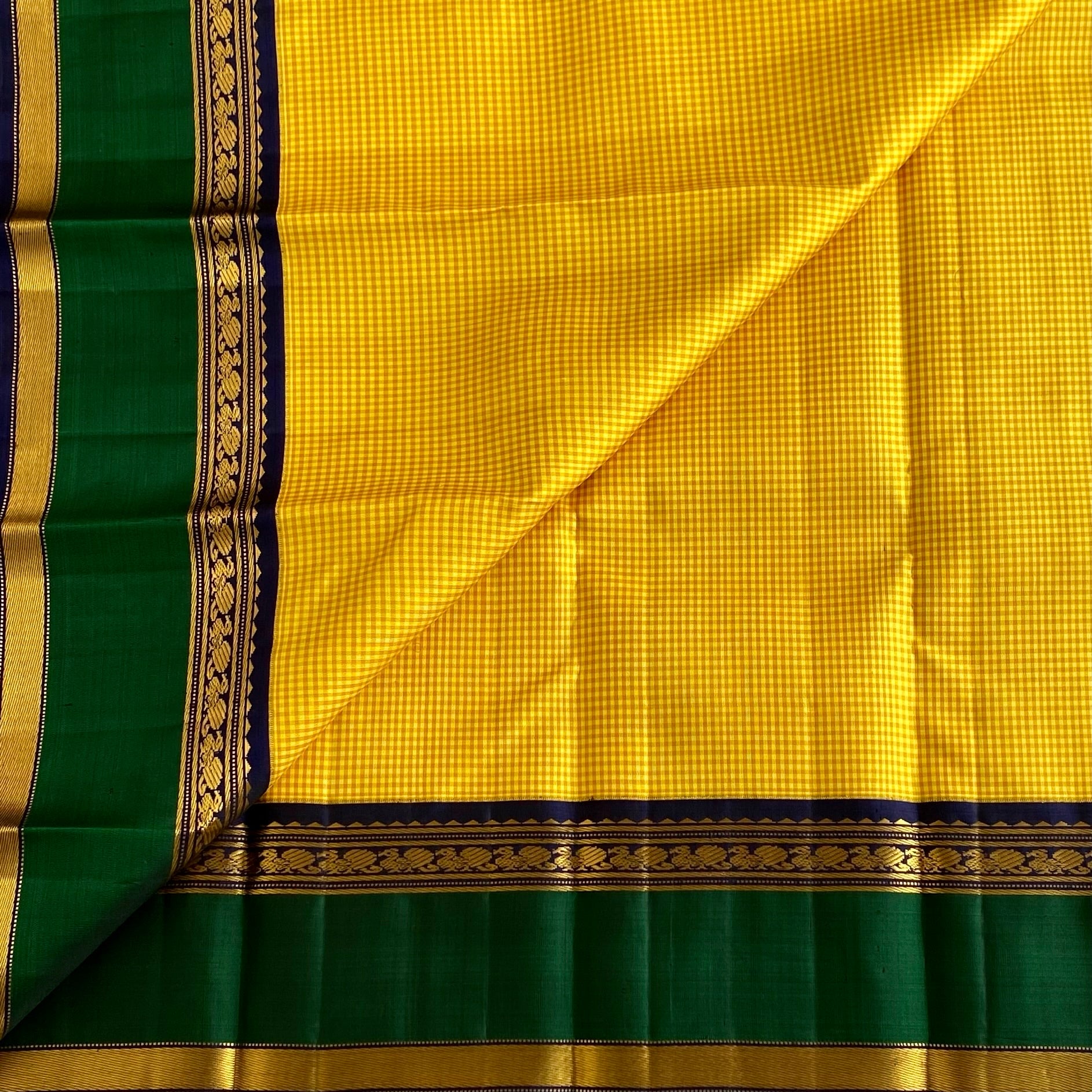 Micro checkered Gorgeous Yellow Retta Petta Borders Pure Kanjeevaram Silk