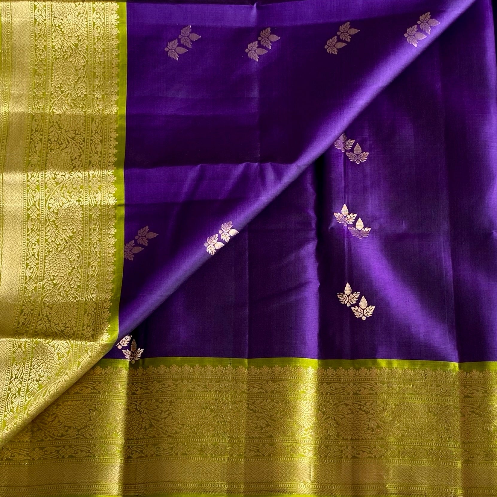 Indigo Purple Designer Pure Silk with Magical Olive Green Contrast