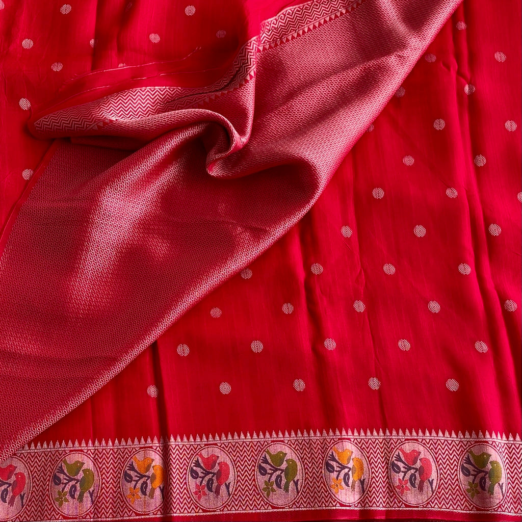 Tomato Red Soft Tussar Silk Saree With Mustard Yellow Border