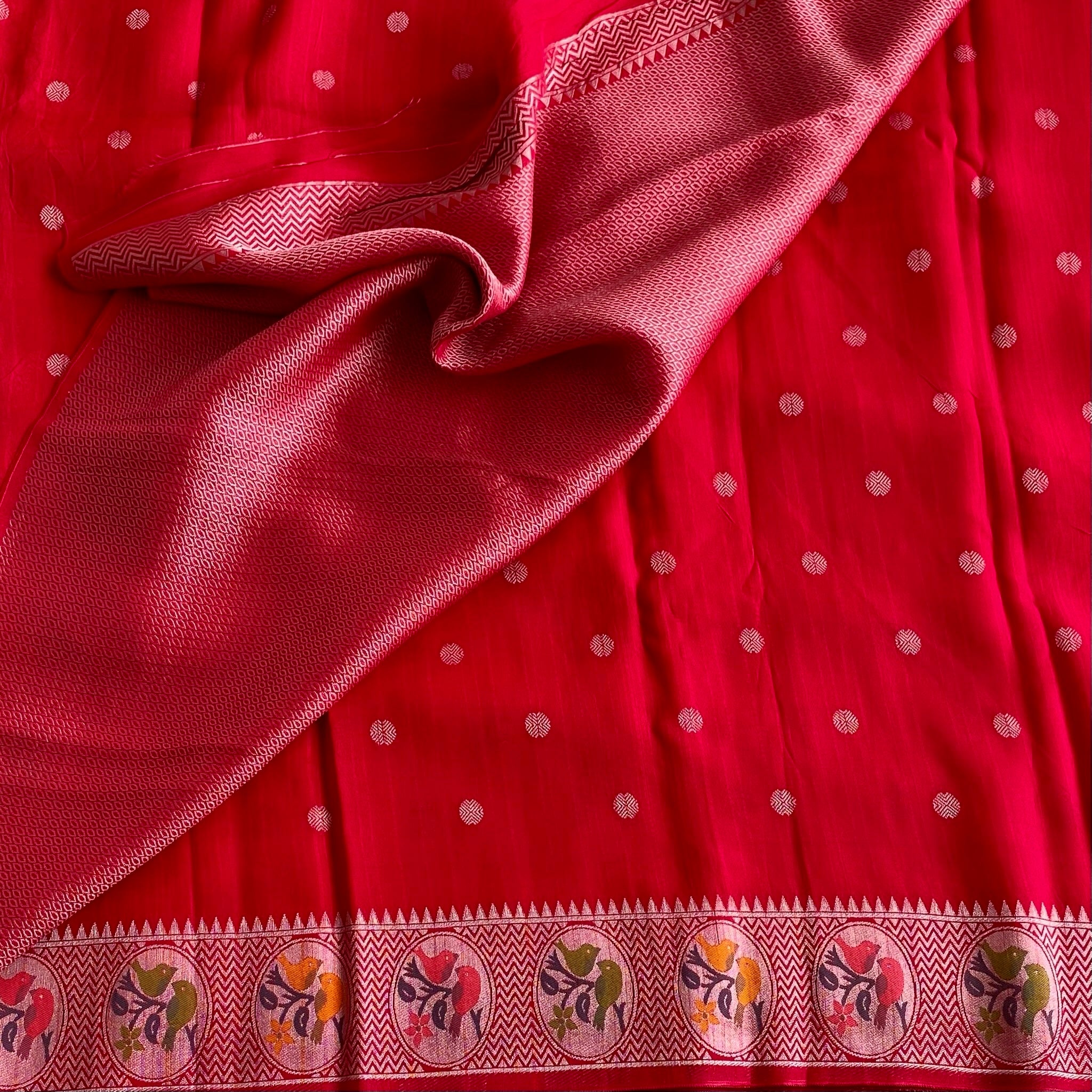 Tomato Red Soft Tussar Silk Saree With Mustard Yellow Border