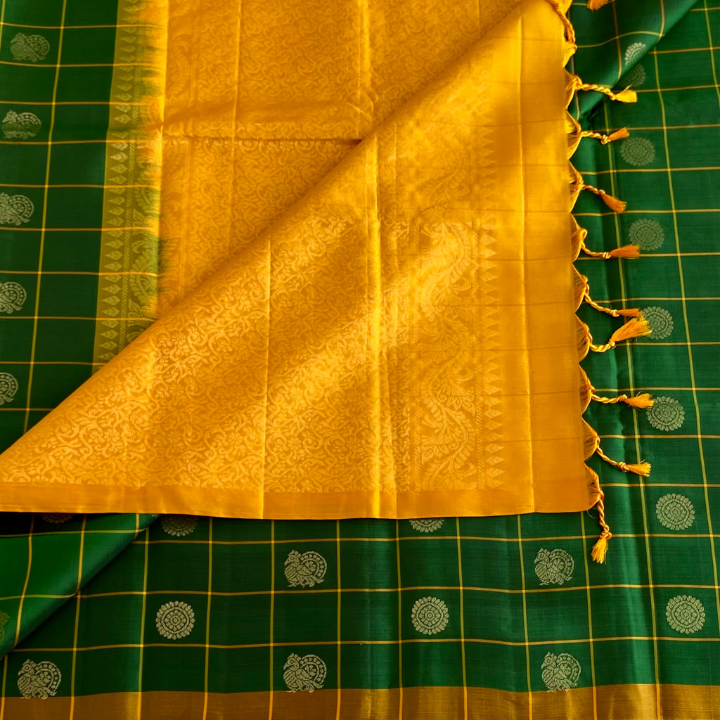 Emerald Green Designer Pure Silk Saree With Golden Yellow Pallu