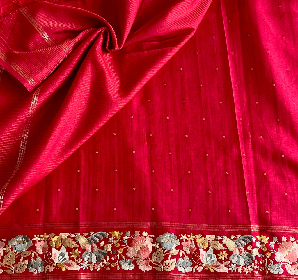 Tomato Pink Soft Tussar Silk Saree With Silver Grey Embroidery