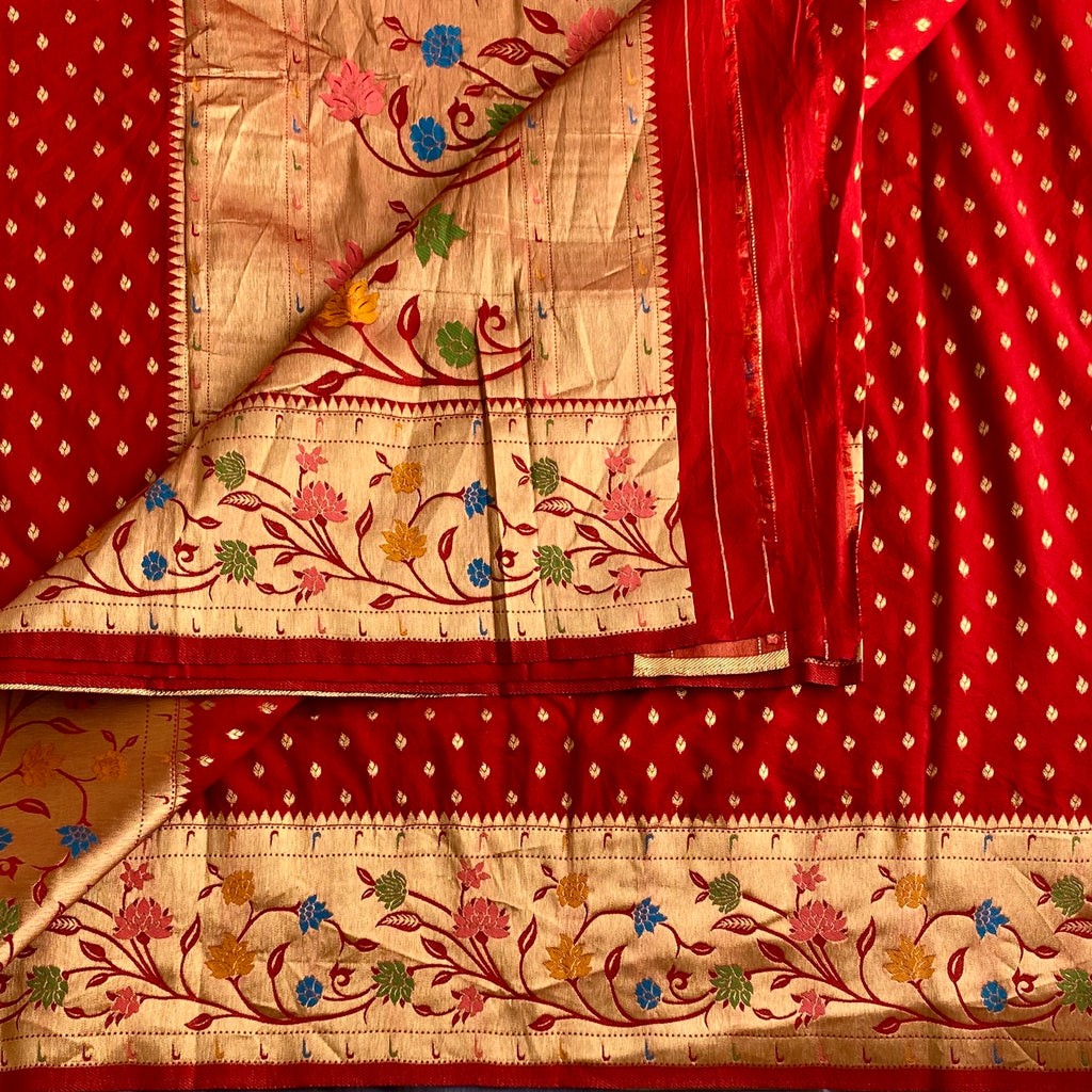 Crimson Red Soft Crepe Silk Saree With Antique Gold Pallu Border