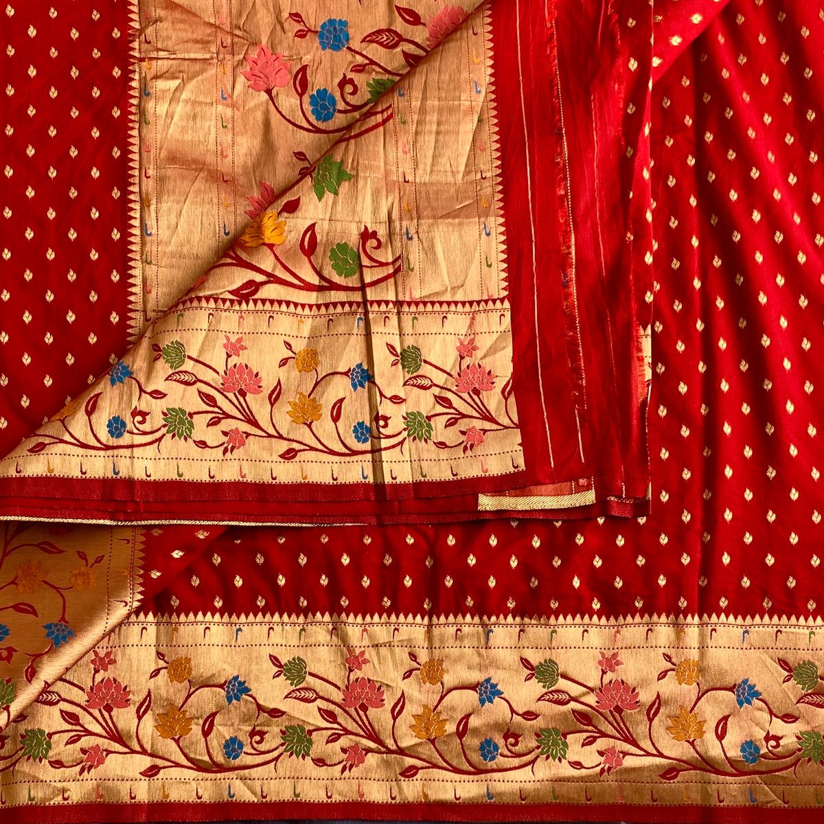 Crimson Red Soft Crepe Silk Saree With Antique Gold Pallu Border