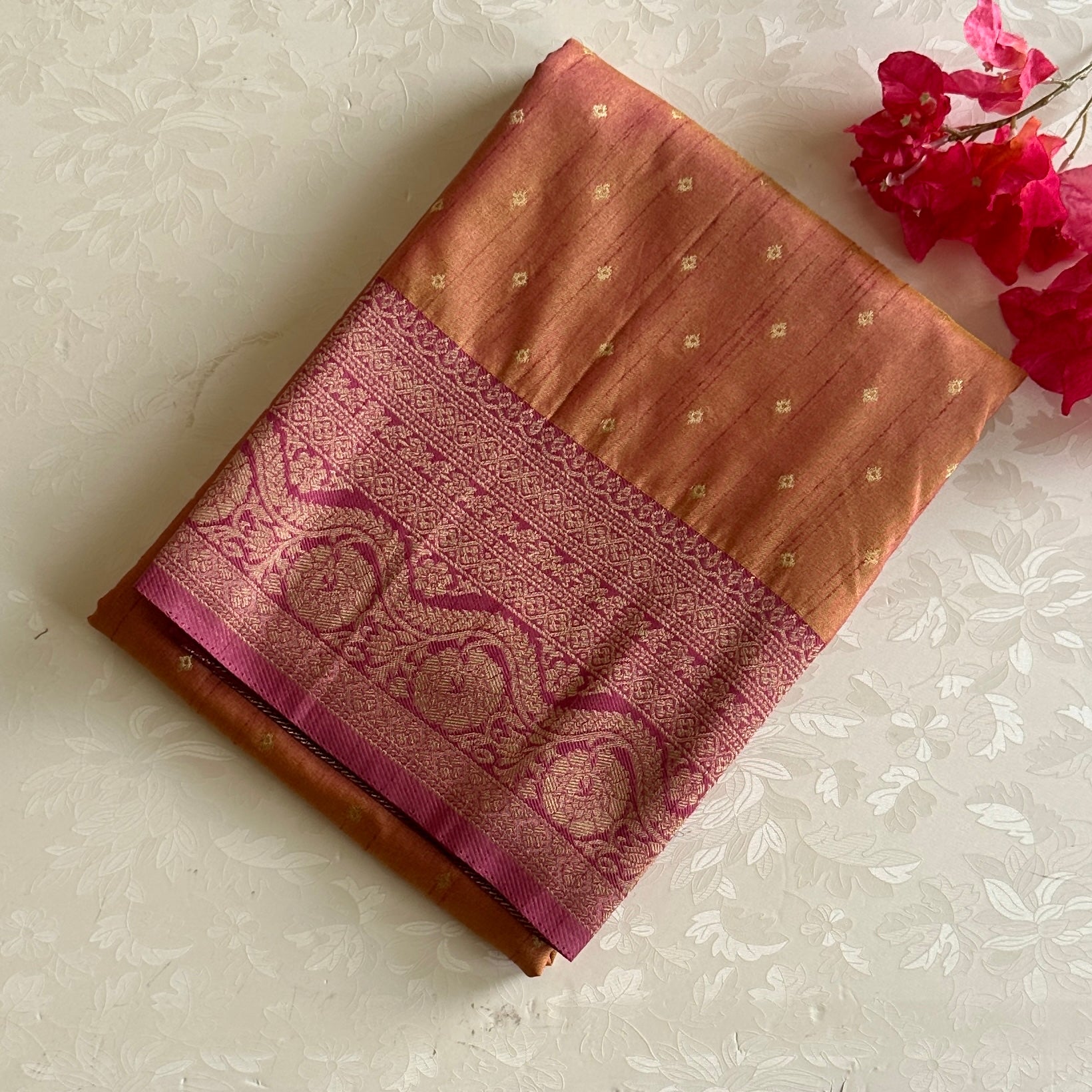 Muted Burnt Orange Banarasi Soft Tussar Saree With Mauve Pink Pallu