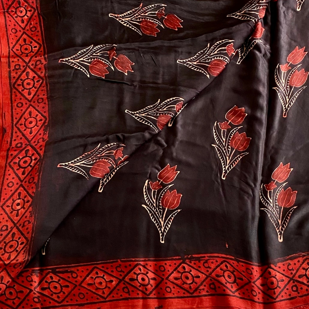 Midnight Black Ajrakh Handblock Printed Silk Saree With Rust Red Pallu