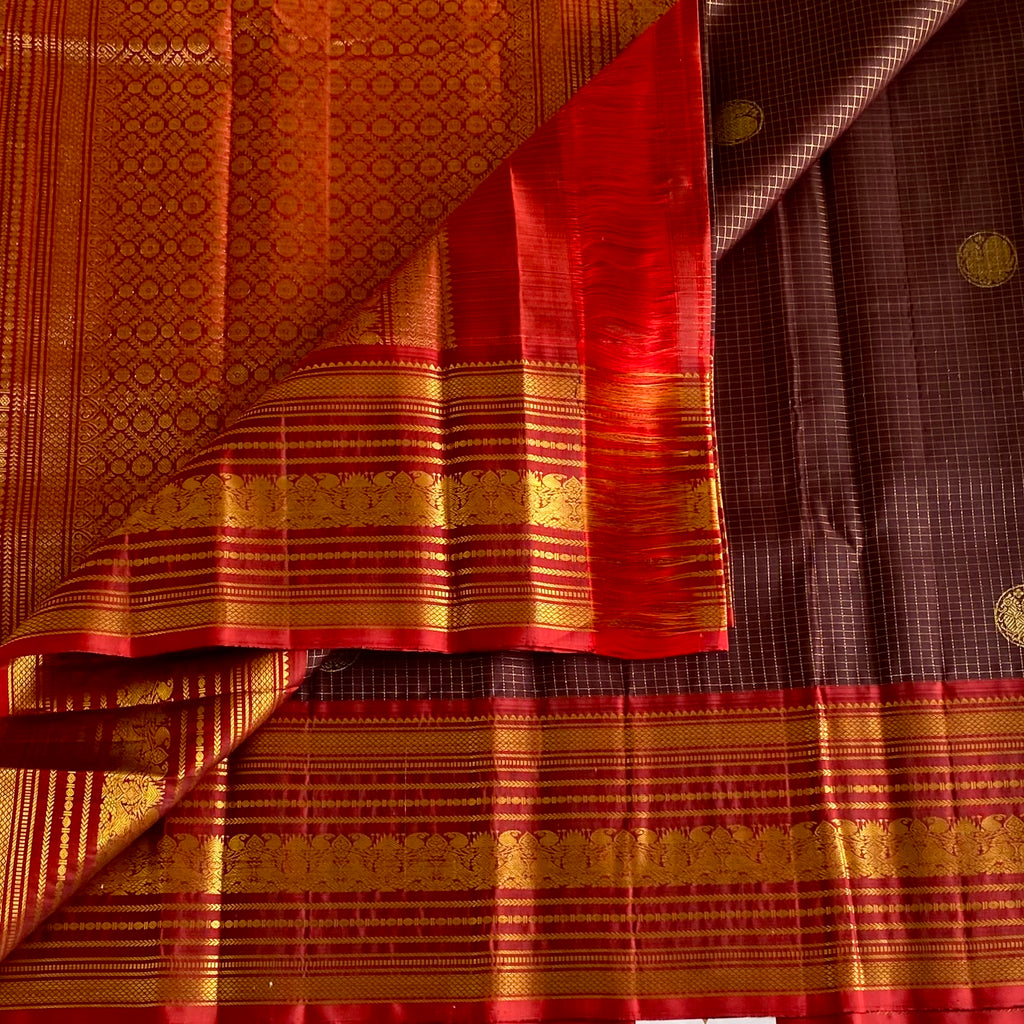 Chocolate Brown Checkered Kanjeevaram Pure Zari Silk Saree With Rich Red Pallu
