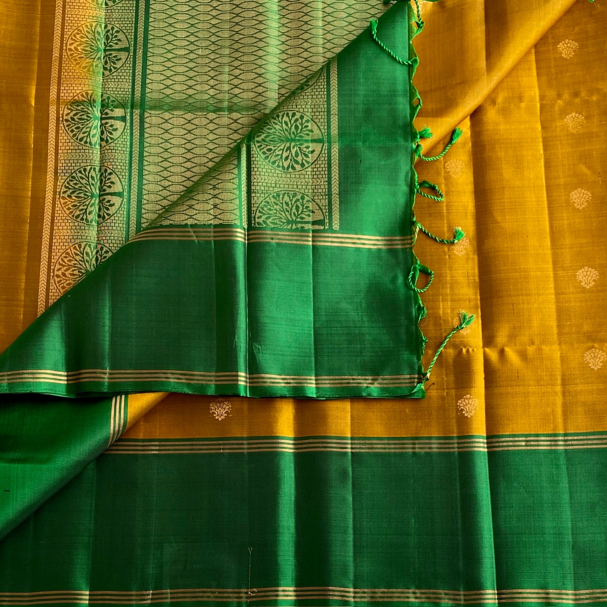 Mustard Gold Designer Pure Silk with Classic Emerald Green Contrast