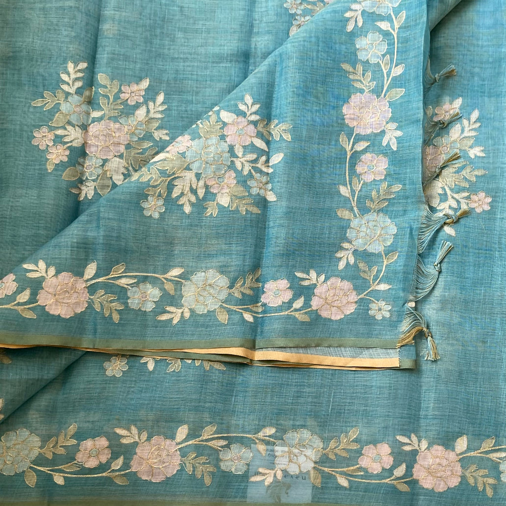 Teal Floral Embroidered Saree Gold Zari Tassel Edges Elegant Festive