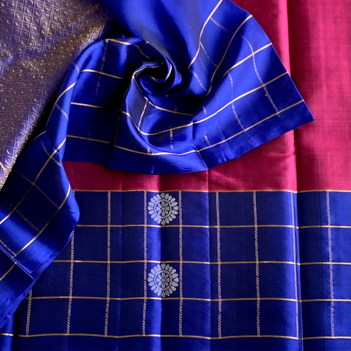Berry Pink Designer Pure Silk Saree With Lapis Blue Pallu