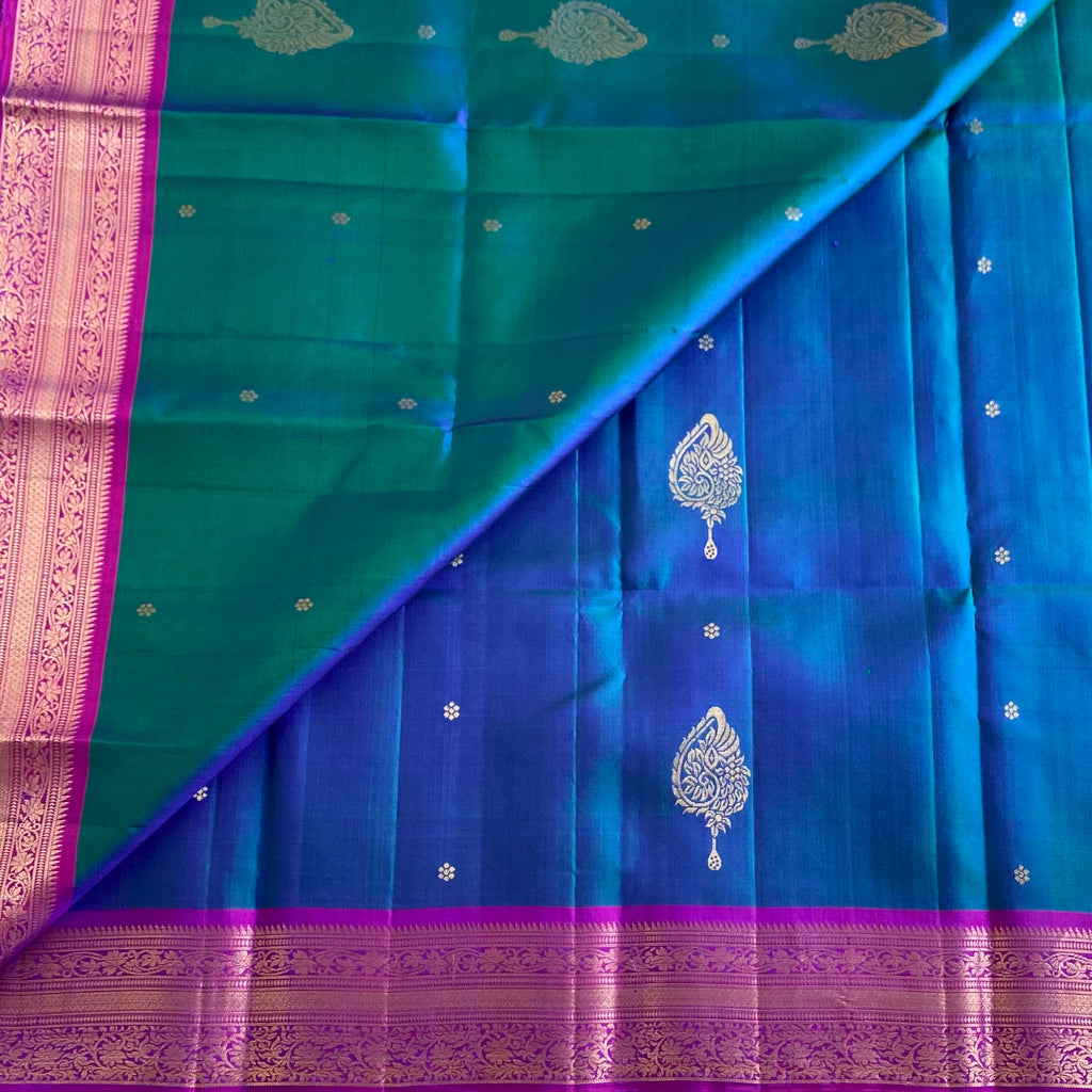 Peacock Blue Designer Pure Silk Saree With Fuchsia Purple Pallu