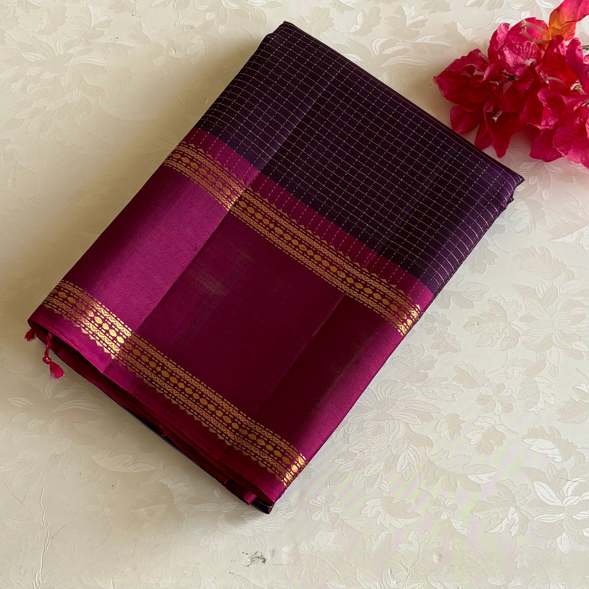 Deep Purple Designer Pure Silk Saree With Magenta Pallu