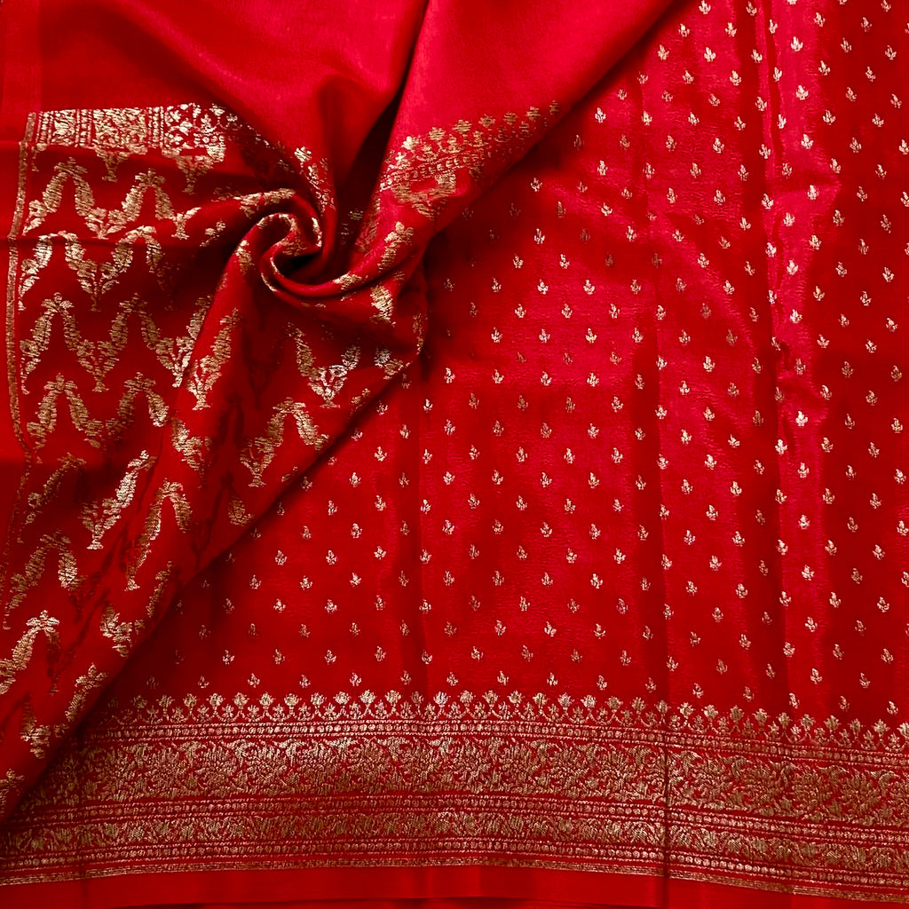 Scarlet Saree with Gold Zari Brocade Pallu and Ornate Border